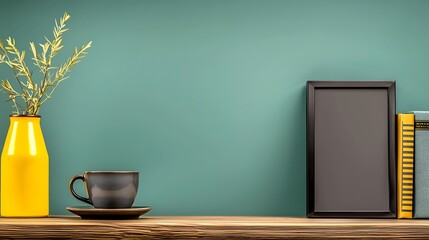 Minimalist home shelf decor green yellow vase