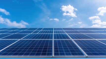 A solar panel array reflects sunlight under a clear blue sky, highlighting renewable energy technology and sustainable practices.