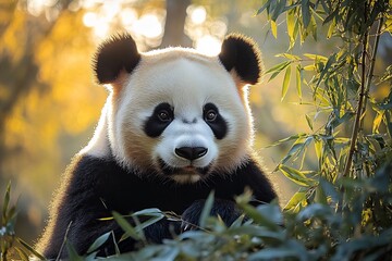 Obraz premium Captivating giant panda portrait amidst bamboo foliage in natural habitat