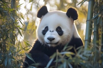 Obraz premium Captivating Giant Panda Portrait Amidst Lush Bamboo Forest Foliage