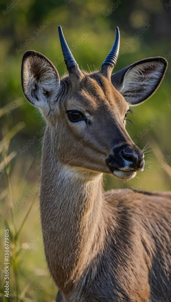 Poster close-up view of nilgai cub in its natural environment with a blurred background