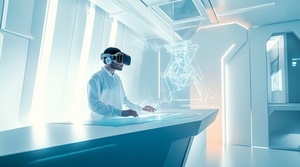 A researcher using an advanced VR headset for scientific simulations, high-tech virtual lab with holographic projections and AI-assisted data visualization, High-tech style