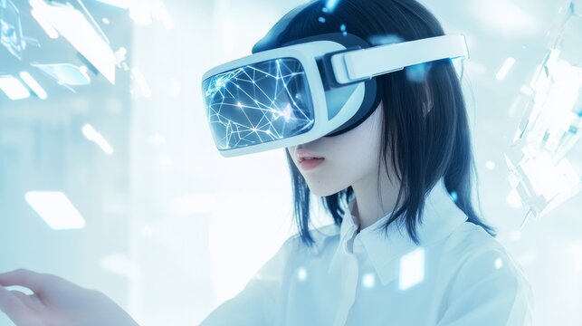 A researcher using an advanced VR headset for scientific simulations, high-tech virtual lab with holographic projections and AI-assisted data visualization, High-tech style