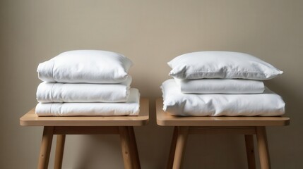Neatly Stacked White Bedding on Wooden Side Tables