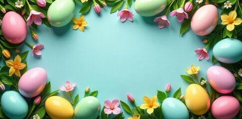 Pastel Easter Eggs and Spring Blossoms Frame a Light Blue Background
