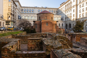 Red brick rotunda of St. George, Constantine Quarter, Sofia. Religious building within...