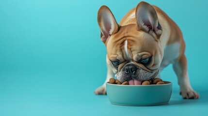 French Bulldog enjoying food from a bowl against a turquoise background  
