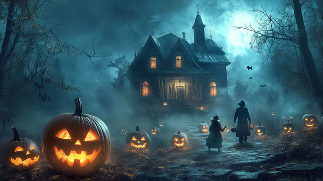 Figures Approaching a Haunted House Through Blue Mist