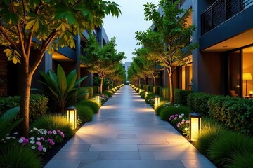 Fototapeta premium Serene Evening Ambiance A Beautifully Lit Pathway Winding Through Lush Landscaping, Leading to Modern Residences.
