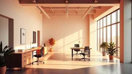 Bright and spacious office area showcasing desks and plants