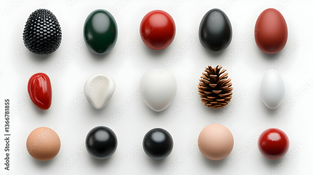 Poster collection of various colored and textured objects on white background