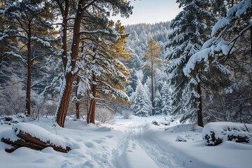 Rustic Winter Landscape Featuring Snowy Trees and Wooden Elements