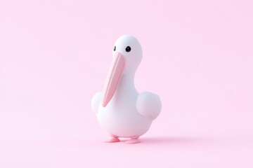Cute, stylized bird on a pink background.  A whimsical, 3D rendered, cartoonish pelican-like creature, presented in a simple, pastel aesthetic