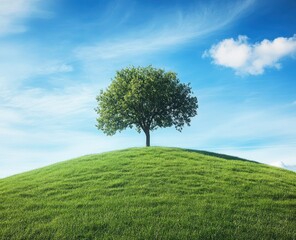 Solitary Tree Standing Tall on Grassy Hill with Bright Blue Sky