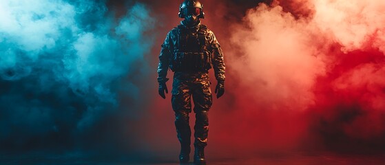 Abstract figure walking between blue and red