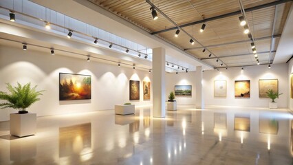 Obraz premium Modern art gallery interior with bright lighting and polished floors, showcasing a collection of landscape and abstract paintings, enhancing the overall aesthetic appeal