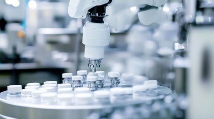 A robotic arm in a cutting edge pharmaceutical manufacturing plant, assembling drug delivery systems with AI precision for controlled release, Pharma-tech style