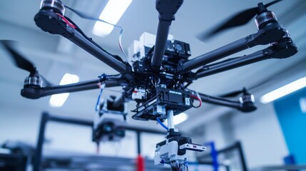 A robotic arm in a drone assembly lab, assembling autonomous drone bodies with AI precision for surveillance and delivery services, Drone-tech style