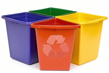 Four colorful recycling bins: purple, green, yellow, and red, designed for sorting waste and promoting eco-friendly practices.