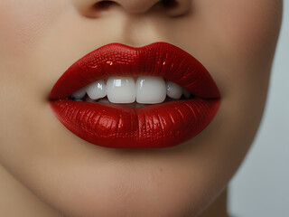 Fototapeta premium A close-up of a woman's lips, beautifully painted with vibrant red lipstick. The lips are full and glossy, and her teeth are incredibly white