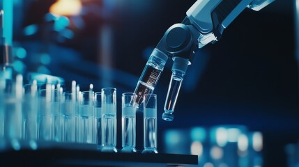 A robotic arm in a futuristic pharmaceutical lab, assembling automated vaccine production systems with AI precision for global distribution, Pharma-tech style