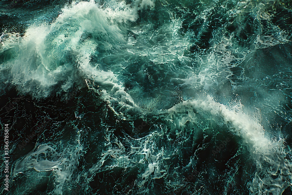 Poster a close-up view of turbulent ocean waves, showcasing dynamic patterns and rich shades of green and b