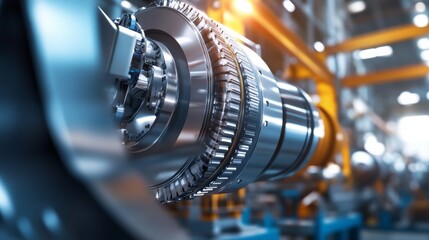 Fototapeta premium A robotic arm in a high efficiency energy plant, assembling wind turbine components with AI precision for renewable energy production, Energy-tech style