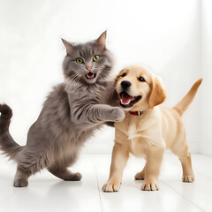 A playful interaction between a gray cat and a golden retriever puppy, showcasing their joyful expressions
