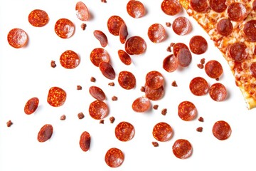 Fototapeta premium Delicious Pizza Slice with Pepperoni Toppings and Loose Pepperoni Pieces