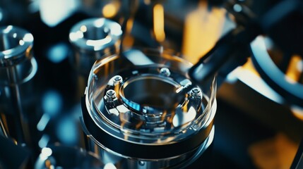 A robotic arm in a high precision optical lens manufacturing facility, assembling advanced lenses with AI precision for photography equipment, Optics-tech style