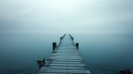 Fototapeta premium Misty lake, wooden pier extending, calm water, foggy background, peaceful scene