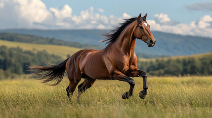 Obraz premium A majestic horse galloping freely across a lush green field, with a breathtaking mountain range in the background. Suitable for marketing or business purposes