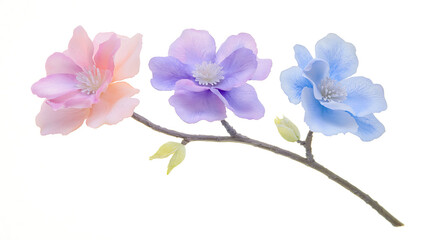 Obraz premium Three flowers are on a branch, with one being pink, one being purple