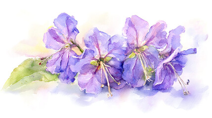 A painting of three purple flowers with green leaves