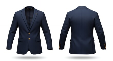 Navy Blue Blazer Displayed Front and Back for Fashion Design Mockup