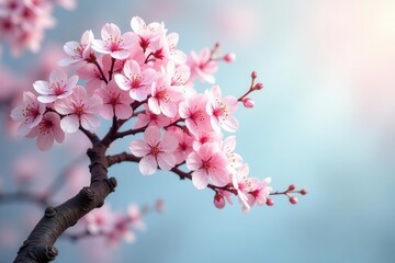 Obraz premium Delicate Pink Blossoms on a Branch Against a Soft Blue Sky, a Symbol of Spring's Arrival and the Beauty of Nature