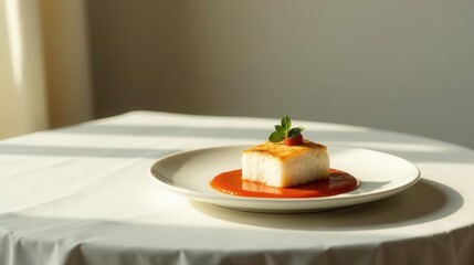 A single serving of delicate custard dessert, atop a vibrant red sauce, garnished with a fresh herb, presented on a pristine white plate, bathed in soft sunlight on a table