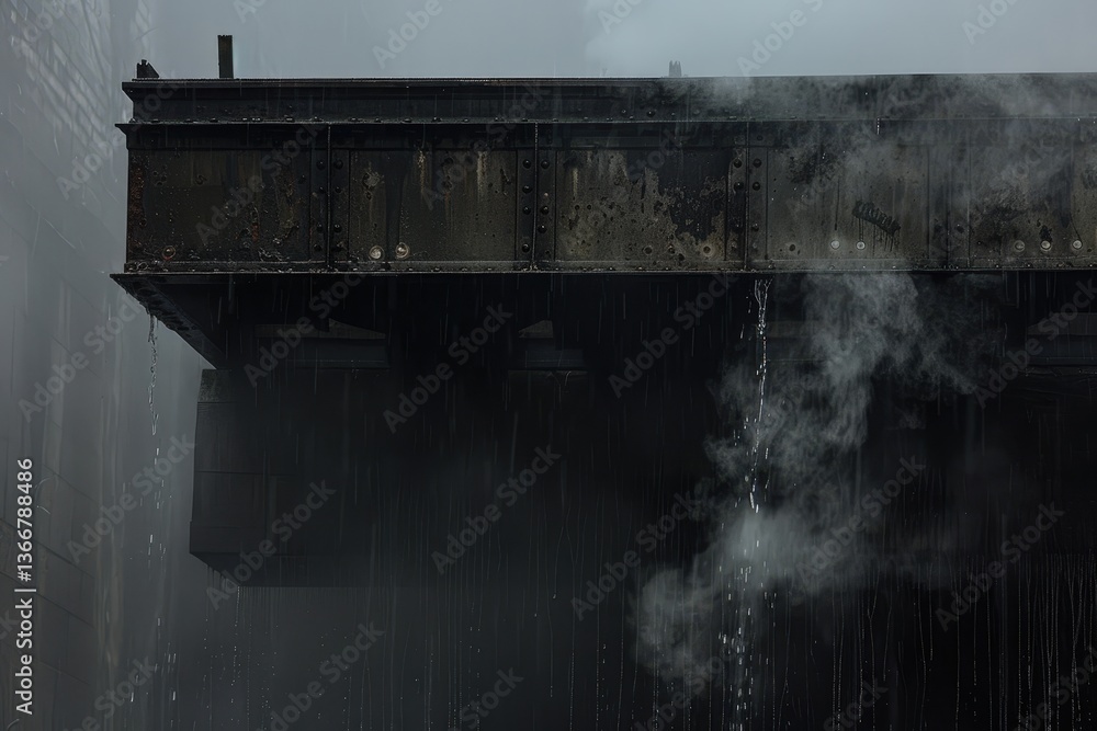 Poster a dark, moody scene featuring a weathered structure with water dripping and steam rising, creating a