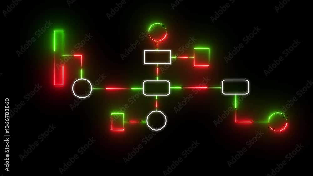 Poster diagram illustrating a linear process flow neon line business hierarchy organogram chart infographic