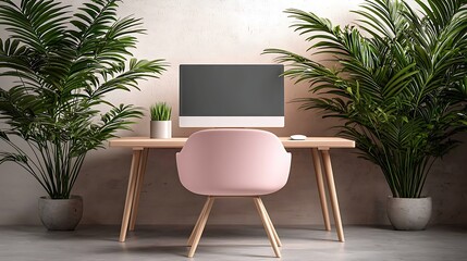 Modern home office setup with plants cozy space digital workspace contemporary design