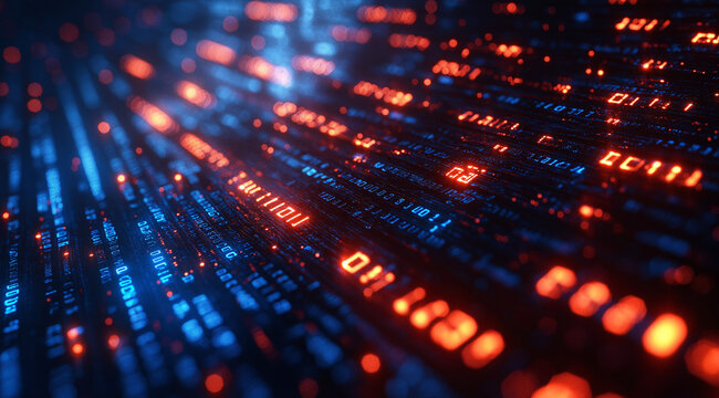 Futuristic digital technology background with binary code and light rays
