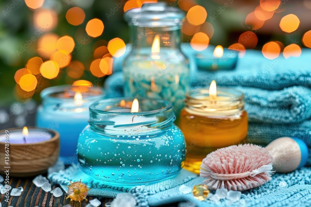 Poster a serene scene featuring colorful candles, spa essentials, and decorative elements, creating a calmi