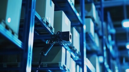 A robotic arm in a high tech logistics center, assembling automated storage and retrieval systems with AI precision for supply chain management, Logistics-tech style