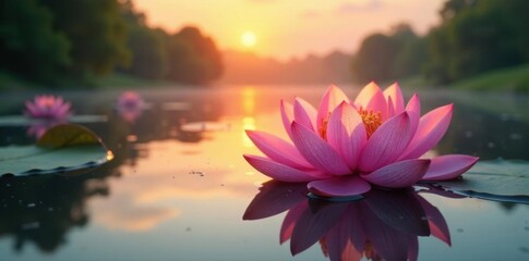 Serene Pink Water Lily Blossom at Golden Hour Reflecting on Calm Water Surface