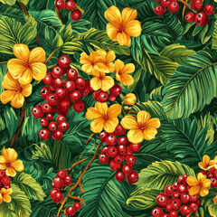 Fototapeta premium Tropical flowers and red berries with lush green leaves in vibrant pattern