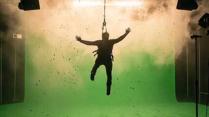 Actor flying through the air with harness on green screen stage, special effects team coordinating