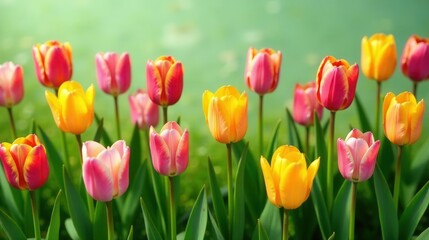 Obraz premium A vibrant field of tulips in shades of pink, yellow and red, bathed in sunlight, showcasing the beauty of spring flowers