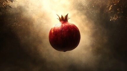 Illuminated pomegranate suspended in smoky brown foliage
