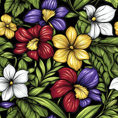 Fototapeta premium Vibrant tropical flowers in red, yellow, purple, and white with lush green leaves