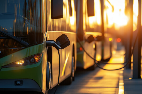 Various electric buses are charging